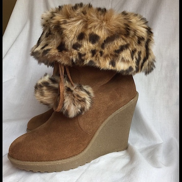 Vintage Colin Stuart LEOPARD Fur Top Booties Pom Pom Ties Wedge Heel Tan 6.5 - Picture 5 of 11